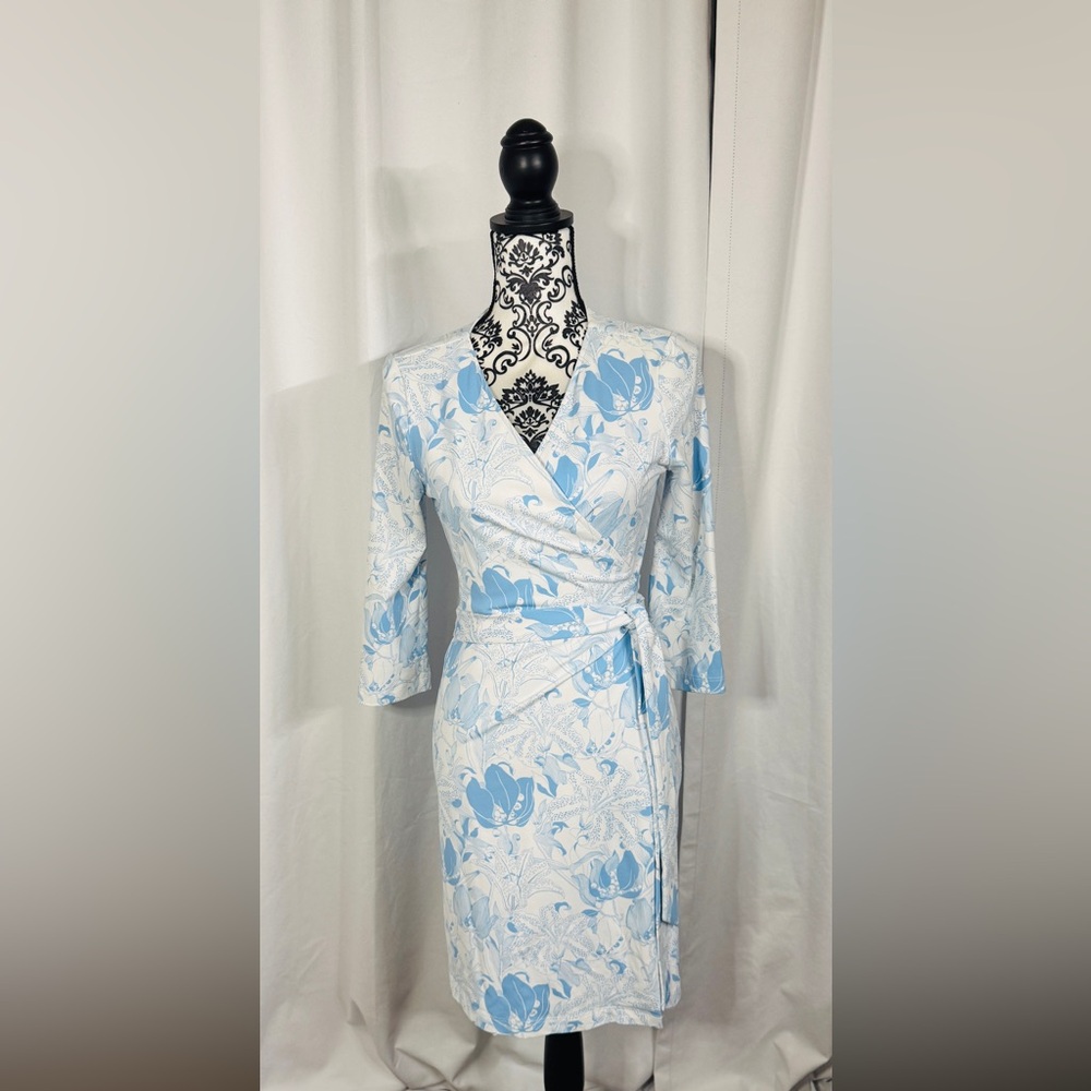 Light Blue Floral Wrap Long Sleeve Dress